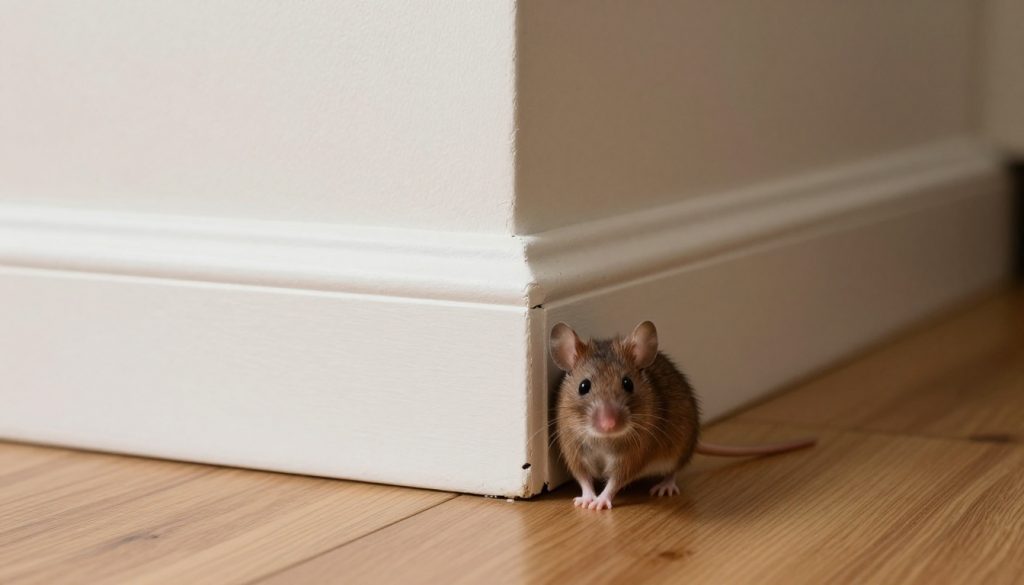 Hausmaus schaut aus einer Lücke in der Fußleiste