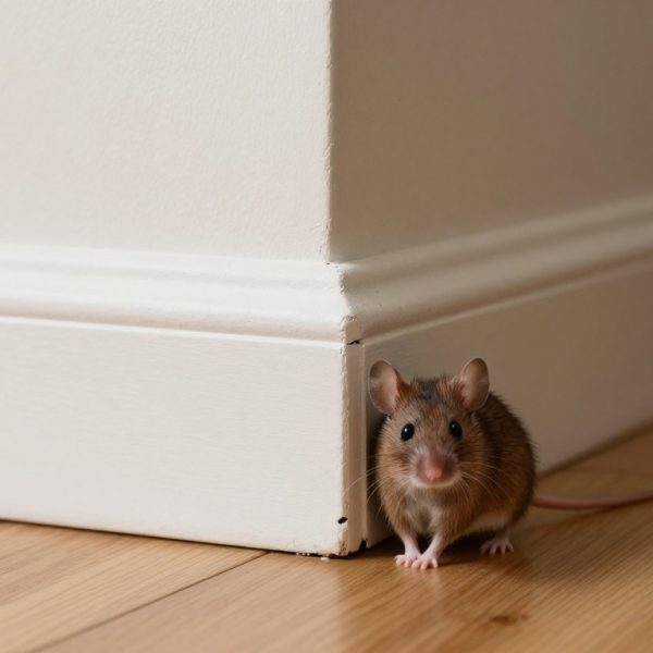 Hausmaus schaut aus einer Lücke in der Fußleiste