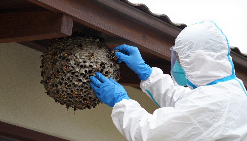 Schädlingsbekämpfer im Schutzanzug entfernt ein Wespennest unter dem Dach